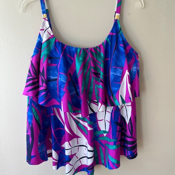 Tankini Plus Sz 18W Tropical Adj Straps Pullover Stretch Top Layered Ruffle - Picture 2 of 8